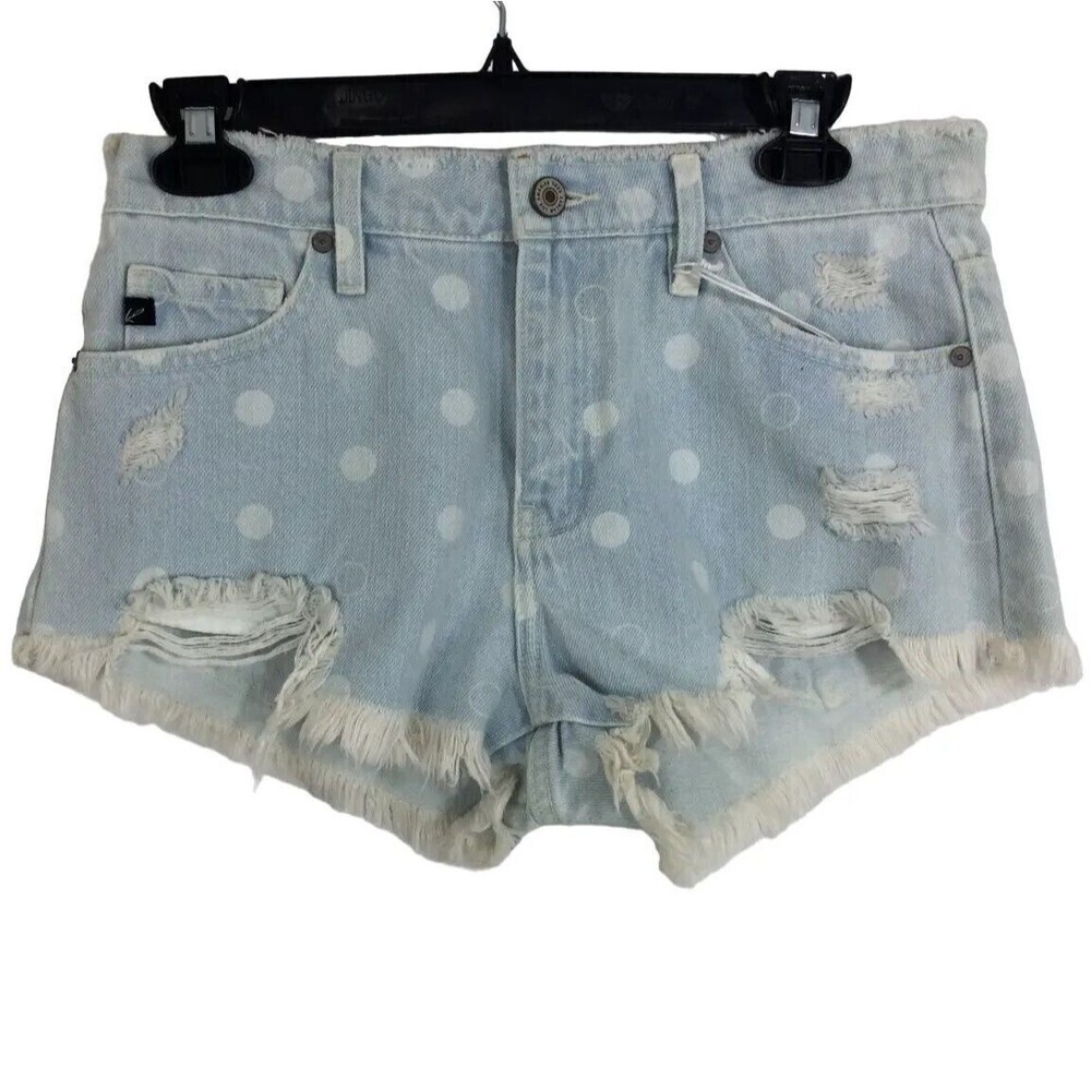 Kancan Women Distressed Mid Rise Stretch Polka Dot Denim Shorts Blue Size Small